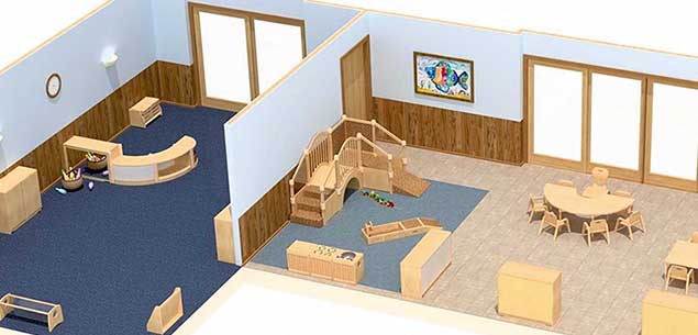 Desktop-Vorschaubild eines dreidimensionalen Raumplans eines Krippenraums mit Nebenraum (C)