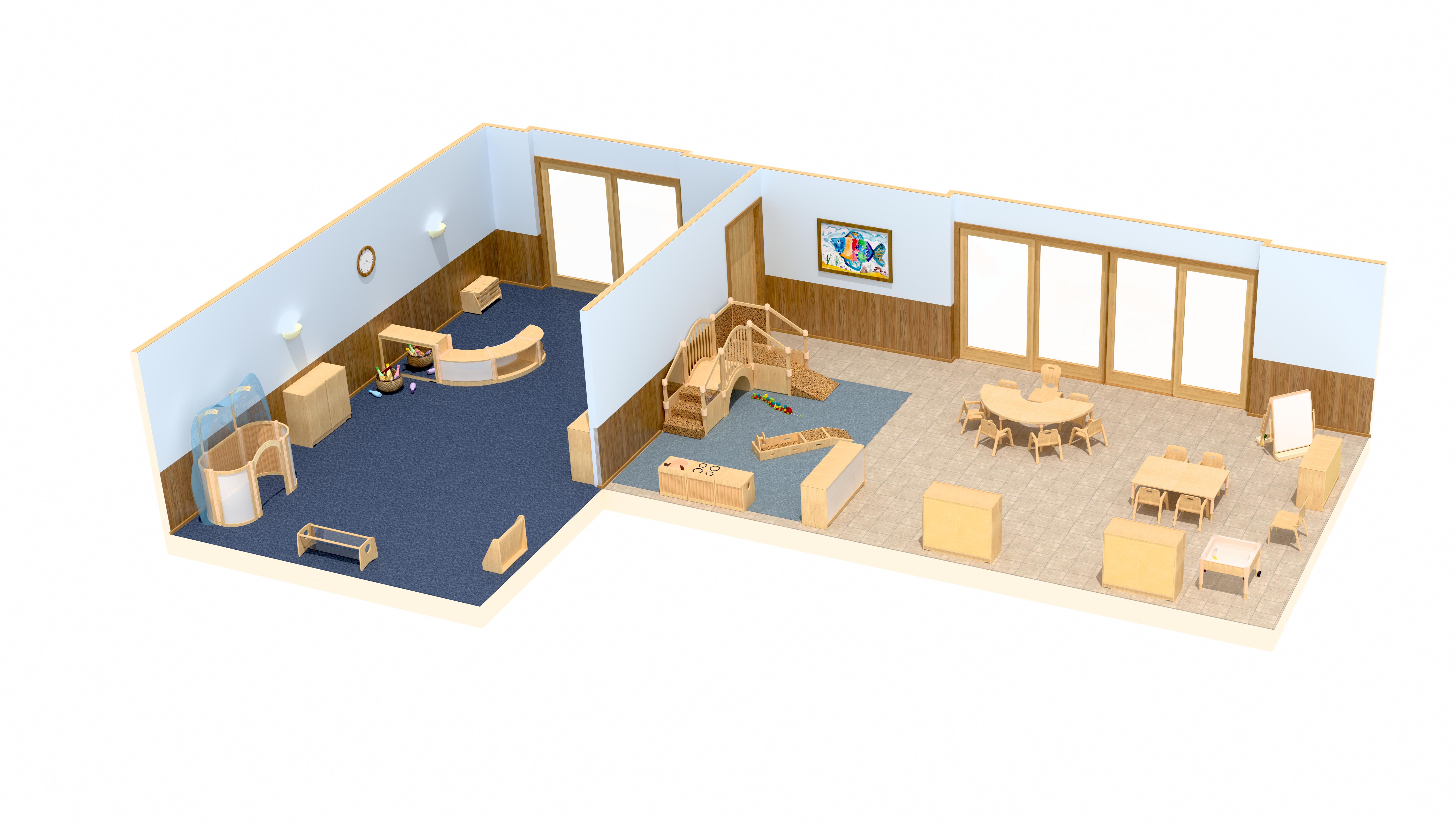 Dreidimensionaler Raumplan eines Krippenraums mit Nebenraum (C)