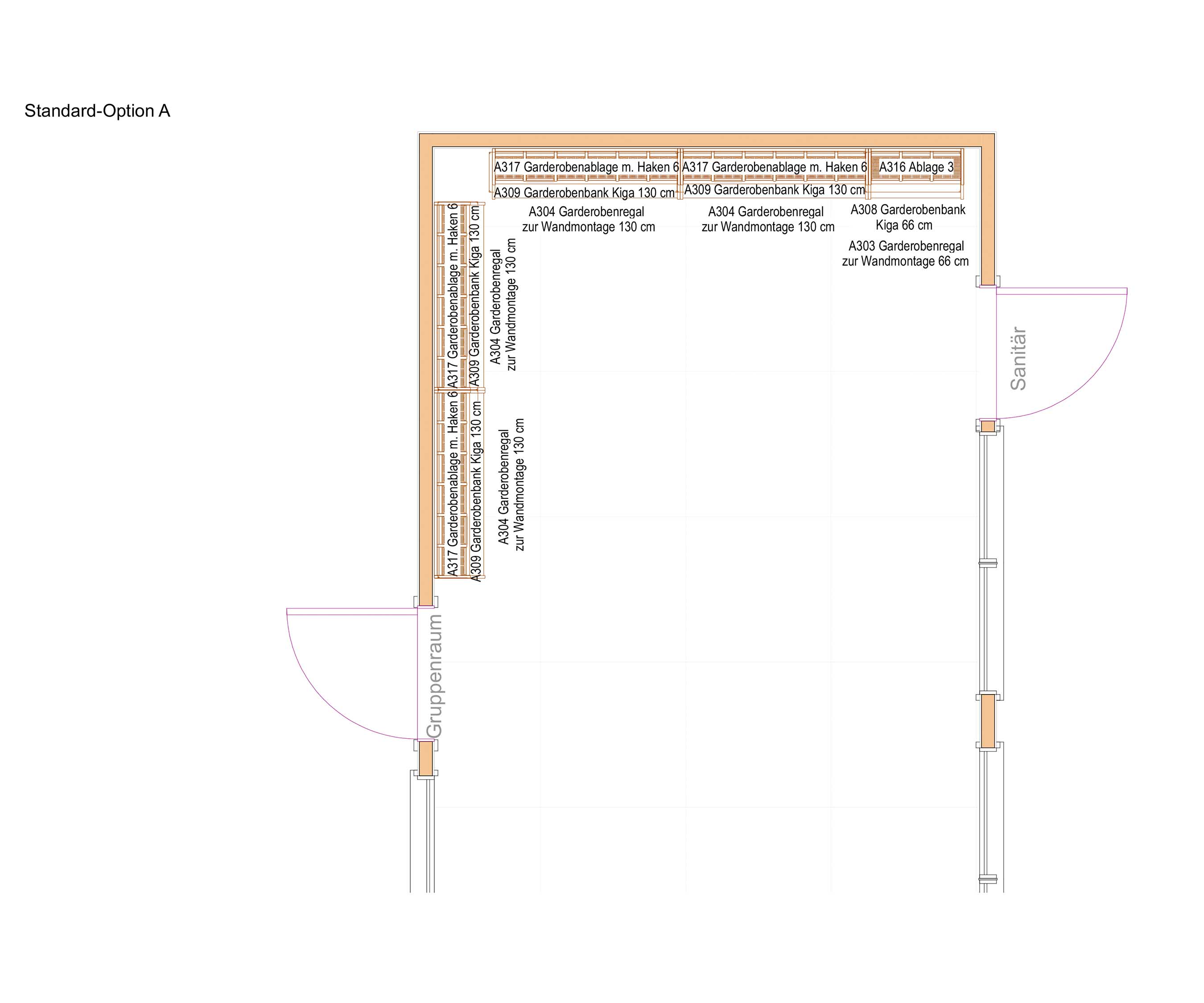 Zweidimensionaler Raumplan eines mittleren Garderobenbereichs (A) für Kinder