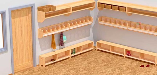 Desktop-Vorschaubild eines dreidimensionalen Raumplans eines mittleren Garderobenbereichs (A) für Kinder
