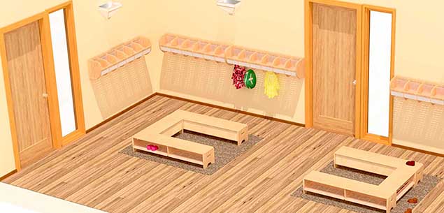Desktop-Vorschaubild eines dreidimensionalen Raumplans eines mittleren Garderobenbereichs (B) für Kinder