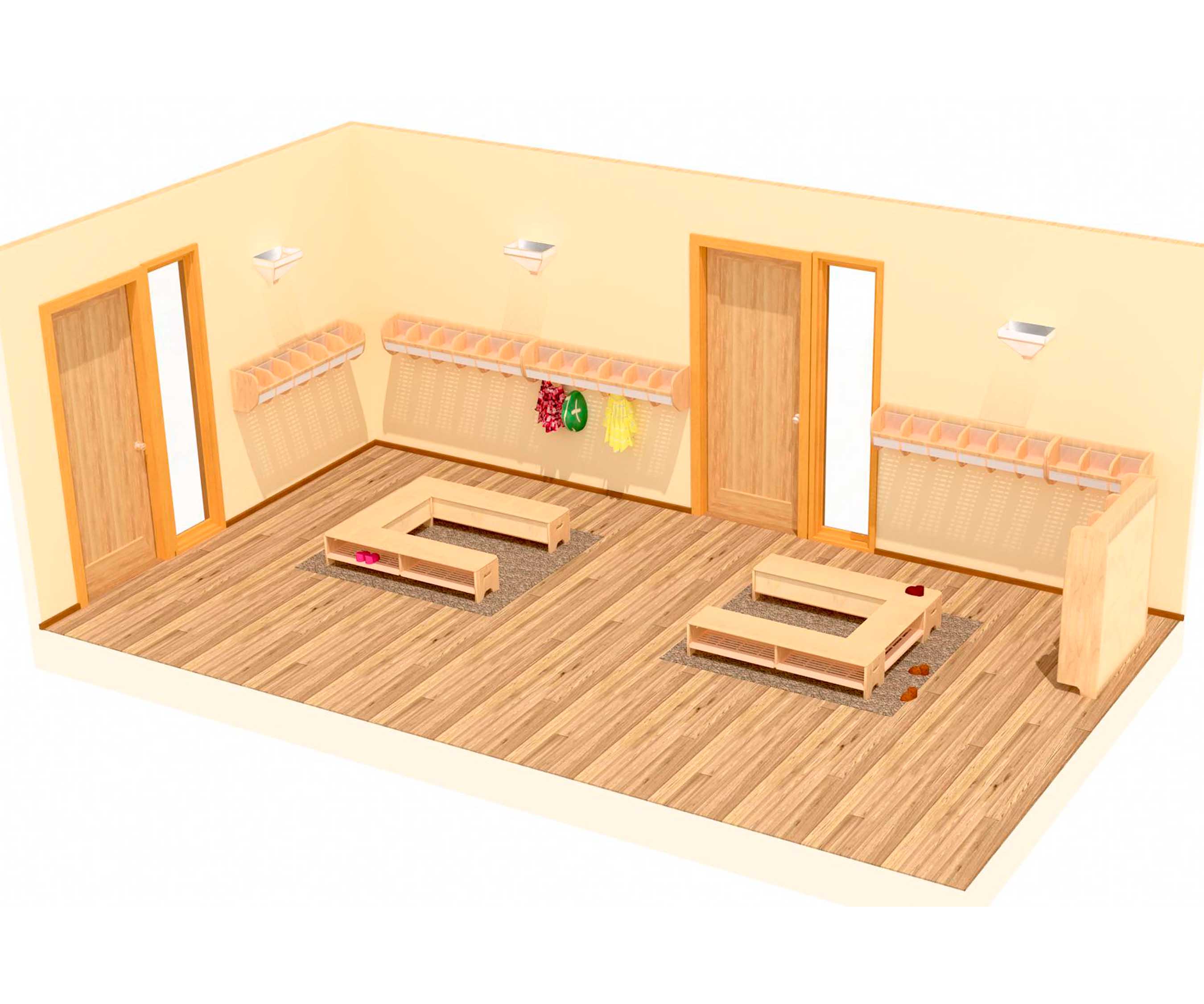 Dreidimensionaler Raumplan eines mittleren Garderobenbereichs (B) für Kinder