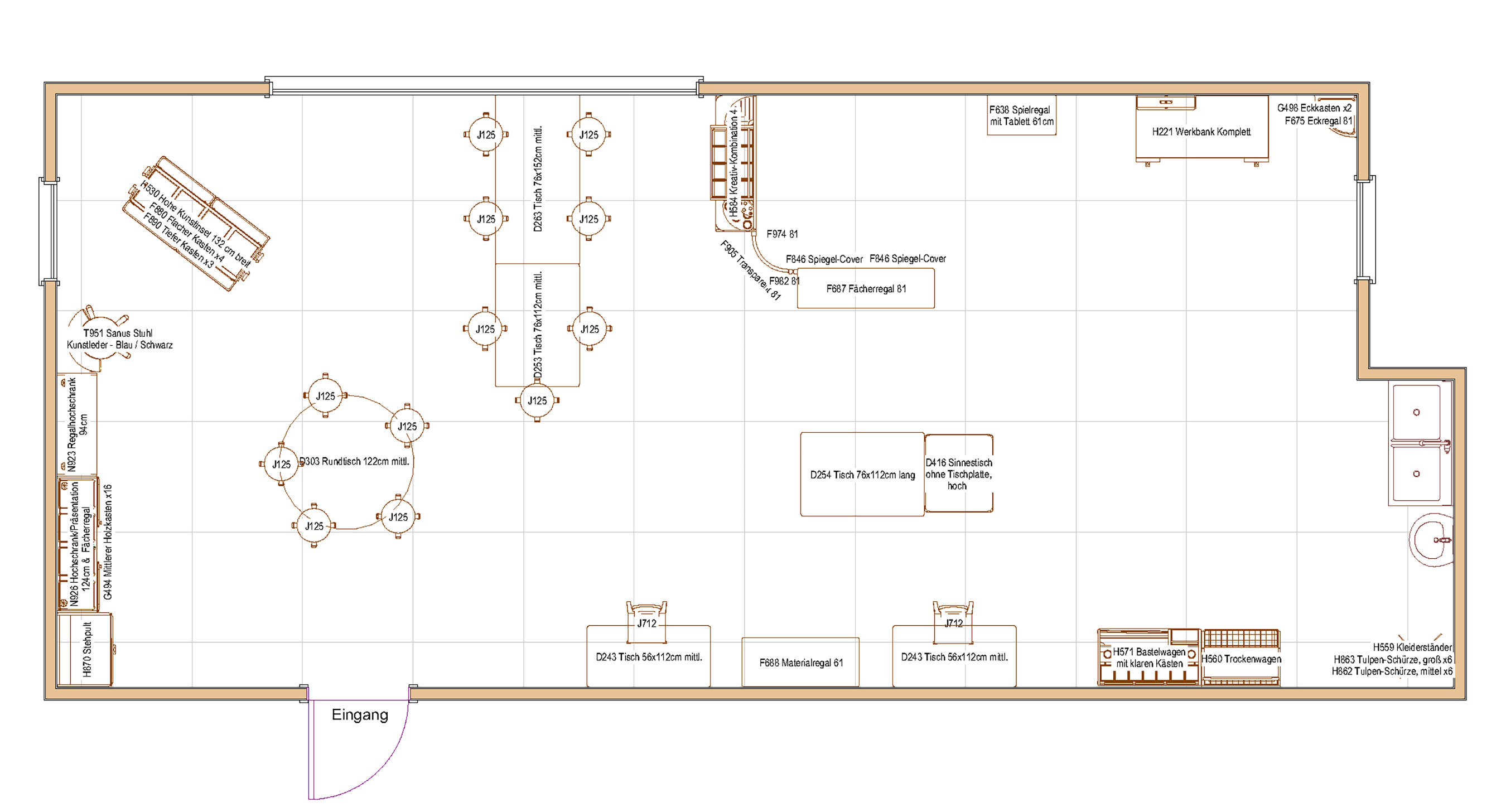 2D Raumplan eines Kita-Ateliers nach dem offenen Konzept