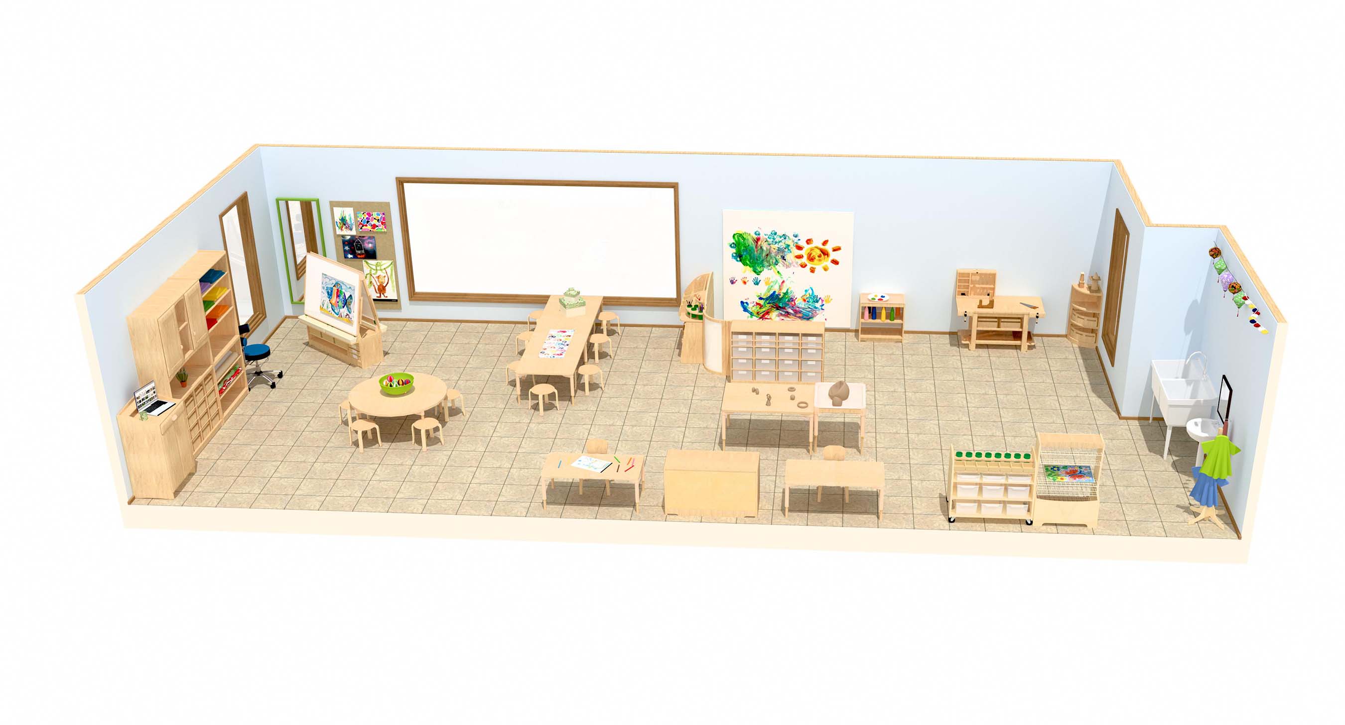 3D-Raumplan eines Kita-Ateliers nach dem offenen Konzept