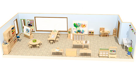 3D-Raumplan eines Kita-Ateliers nach dem offenen Konzept