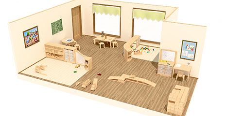 3D Zeichnung eines Bauraum in einer Kita - Vorschaubild für Desktop