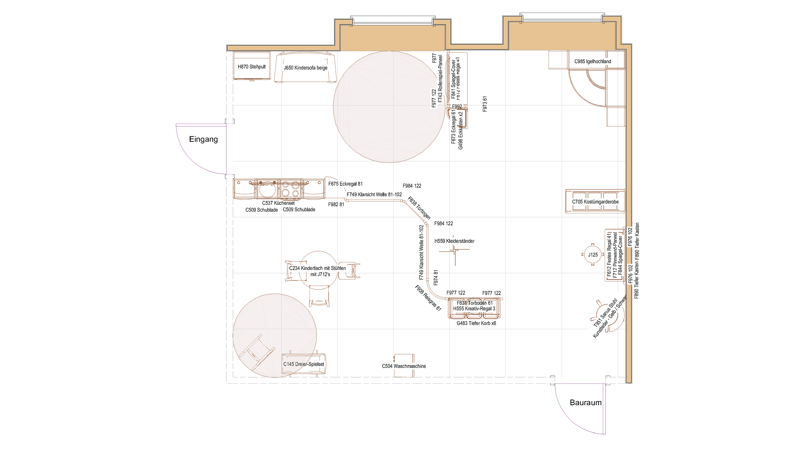 2D-Zeichnung eines Rollenspielraums nach dem offenen Konzept