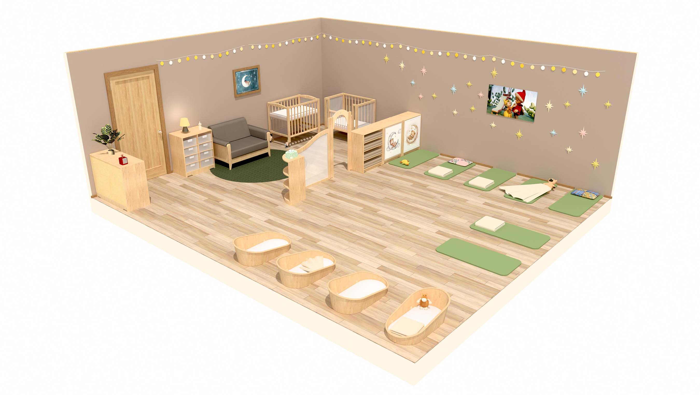 3D Raumplan eines Kita-Schlafraums für 15 Kinder