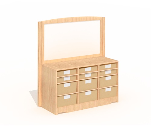 Storage shelf with cream trays and a display board-white board